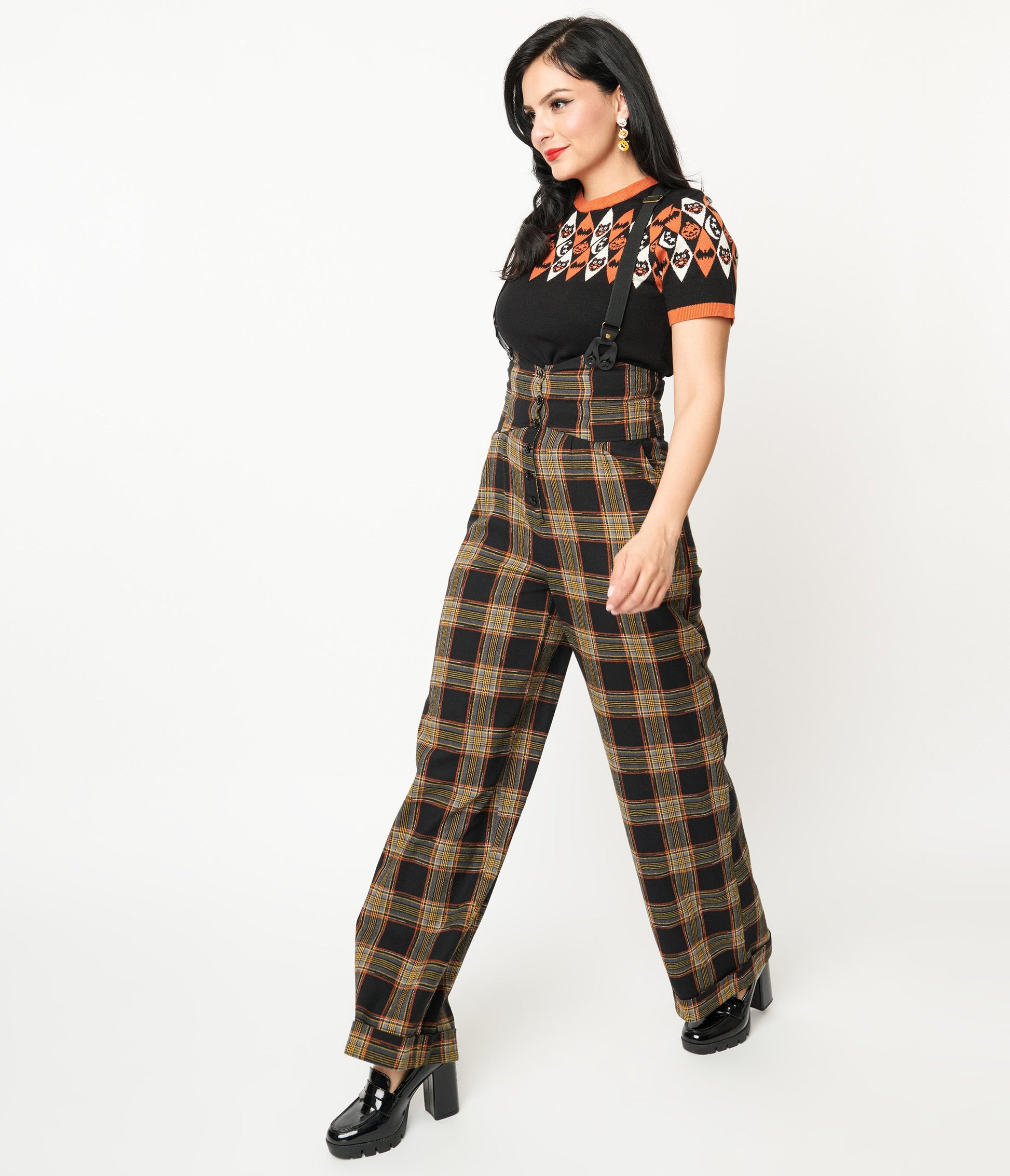 Unique Vintage 1930s Black & Orange Plaid Thelma Suspender Pants - Unique Vintage - Womens, BOTTOMS, PANTS
