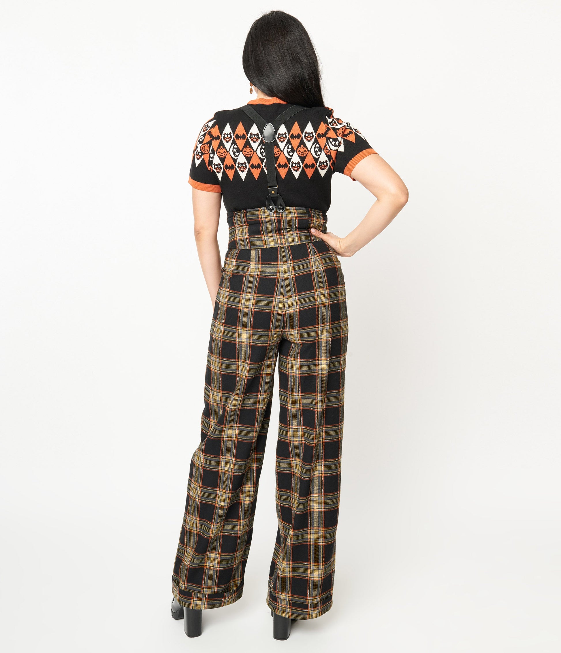 Unique Vintage 1930s Black & Orange Plaid Thelma Suspender Pants - Unique Vintage - Womens, BOTTOMS, PANTS