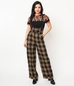 Unique Vintage 1930s Black & Orange Plaid Thelma Suspender Pants - Unique Vintage - Womens, BOTTOMS, PANTS