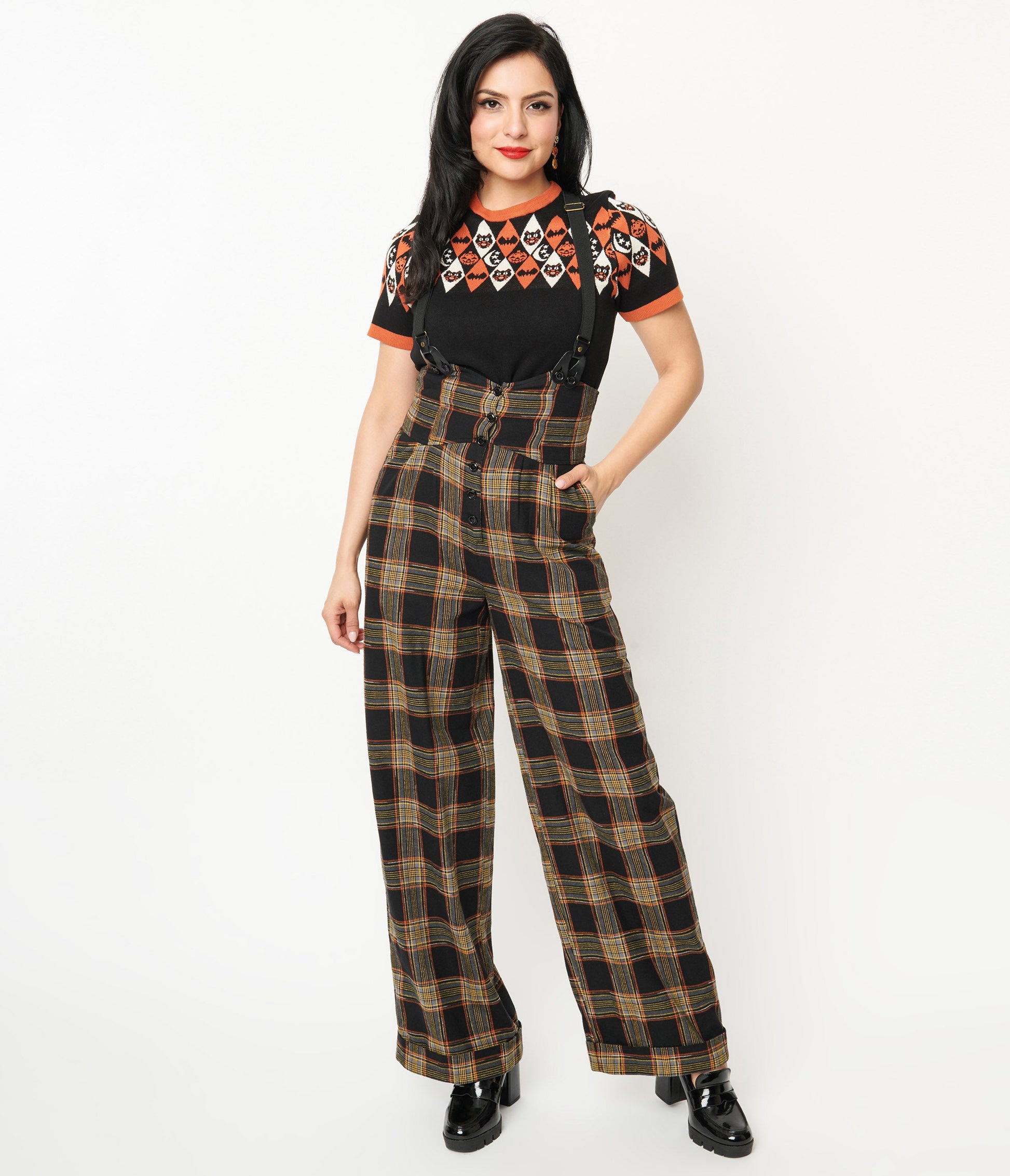 Unique Vintage 1930s Black & Orange Plaid Thelma Suspender Pants - Unique Vintage - Womens, BOTTOMS, PANTS