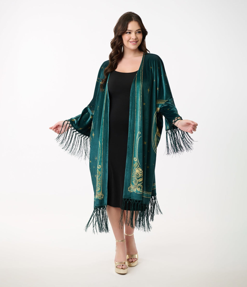 Unique Vintage 1930s Green Art Nouveau Fringe Kimono - Unique Vintage - Womens, TOPS, OUTERWEAR
