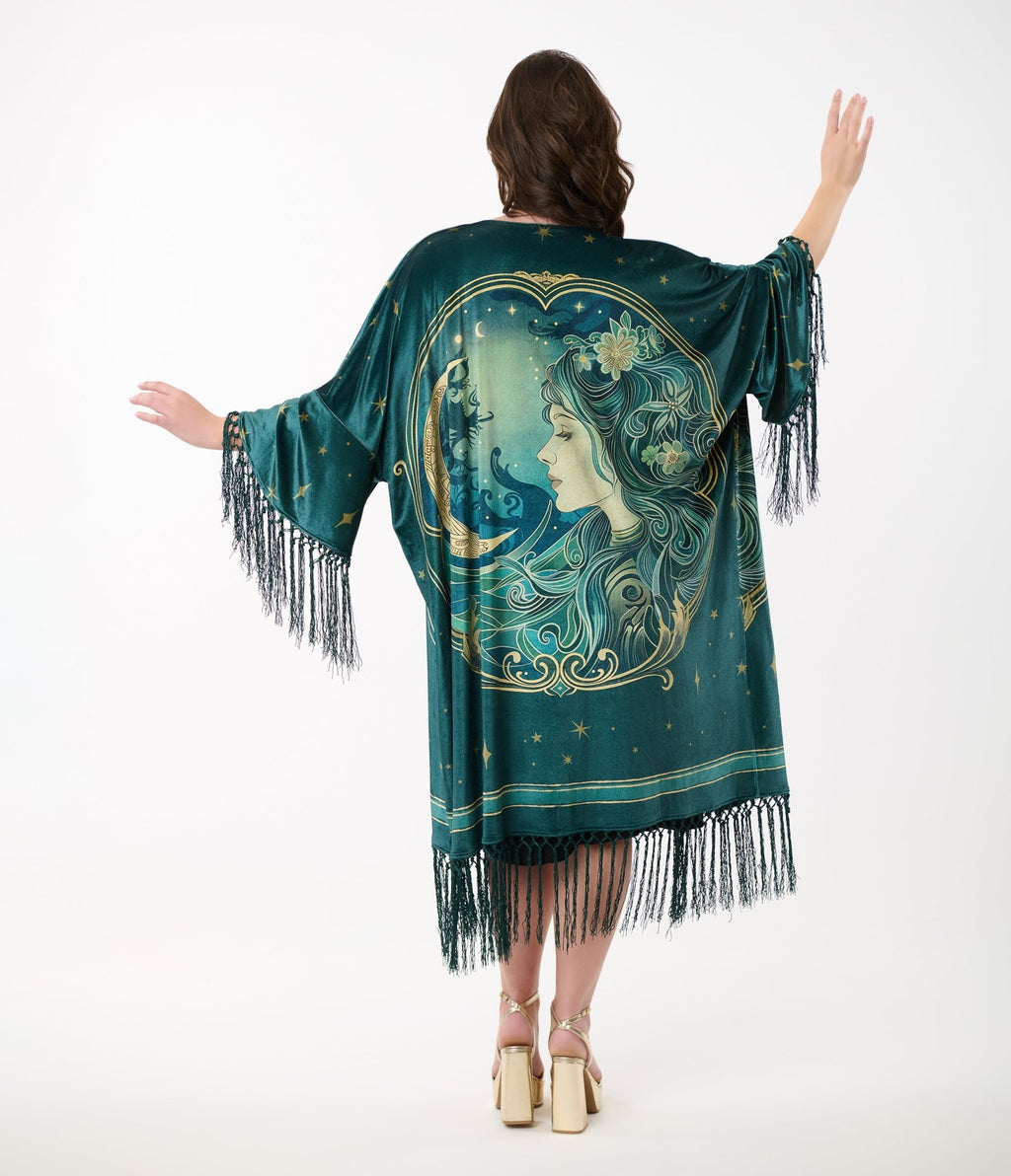 Unique Vintage 1930s Green Art Nouveau Fringe Kimono - Unique Vintage - Womens, TOPS, OUTERWEAR