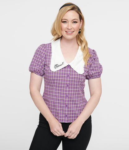 Unique Vintage 1930s Purple Plaid Oversized Collar Blouse Collar Blouse - Unique Vintage - Womens, HALLOWEEN, TOPS