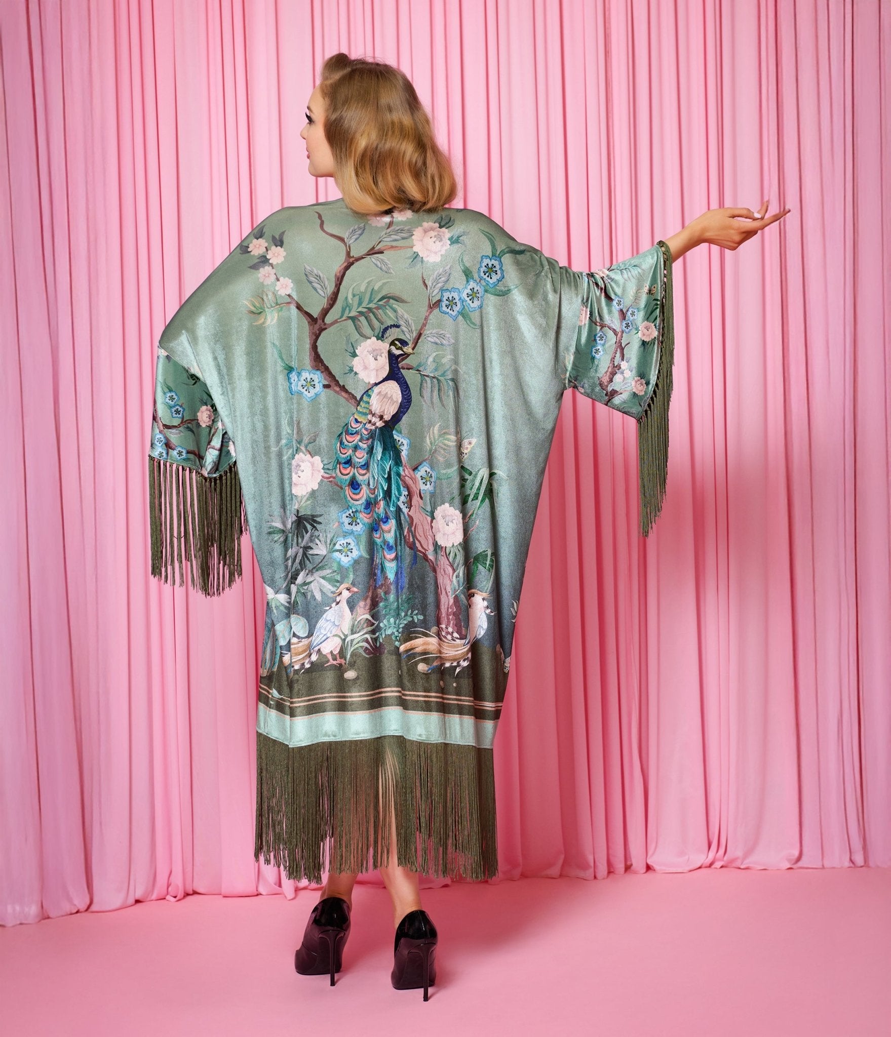 Unique Vintage 1930s Teal Peacock Fringe Kimono - Unique Vintage - Womens, TOPS, OUTERWEAR