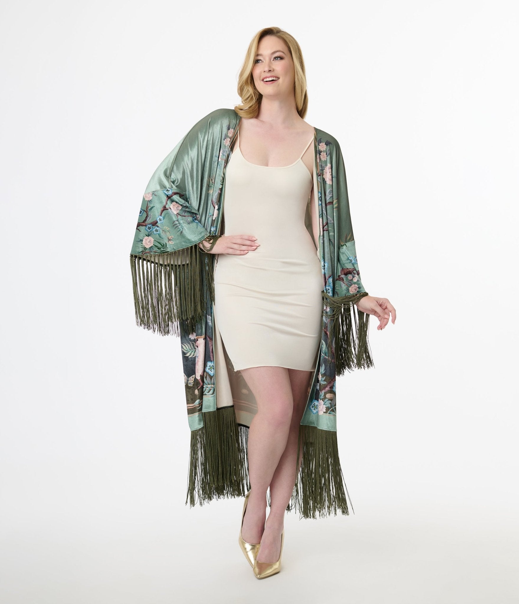 Unique Vintage 1930s Teal Peacock Fringe Kimono - Unique Vintage - Womens, TOPS, OUTERWEAR