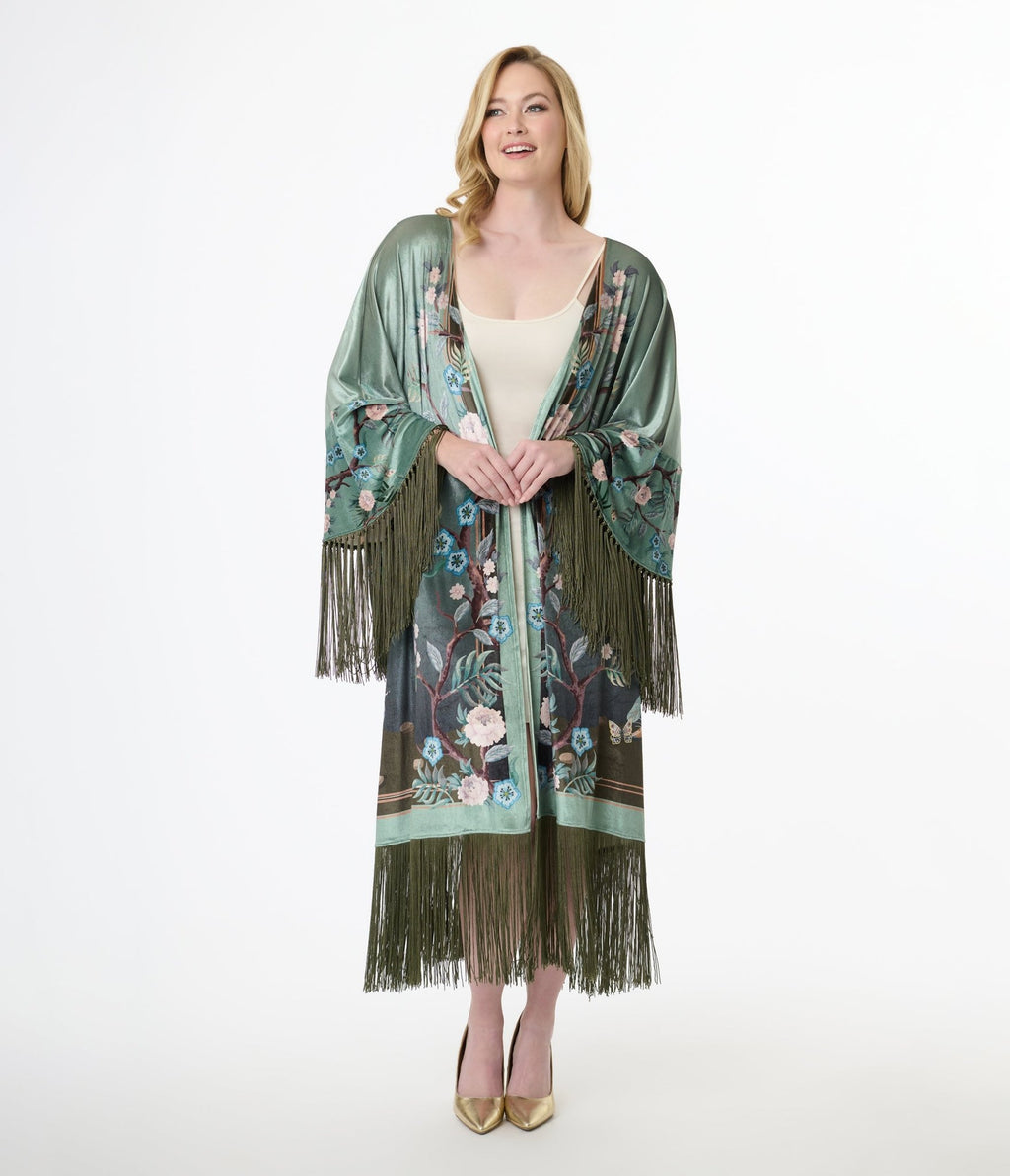 Unique Vintage 1930s Teal Peacock Fringe Kimono - Unique Vintage - Womens, TOPS, OUTERWEAR