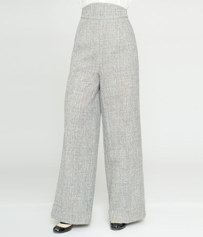 Unique Vintage 1940s Beige & Baby Blue Tweed High Waist Pants - Unique Vintage - Womens, BOTTOMS, PANTS
