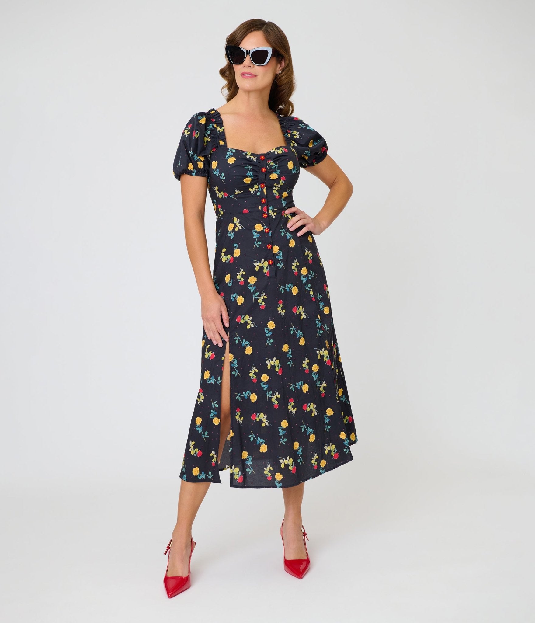 Unique Vintage 1940s Black Floral Midi Dress - Unique Vintage - Womens, DRESSES, MIDI