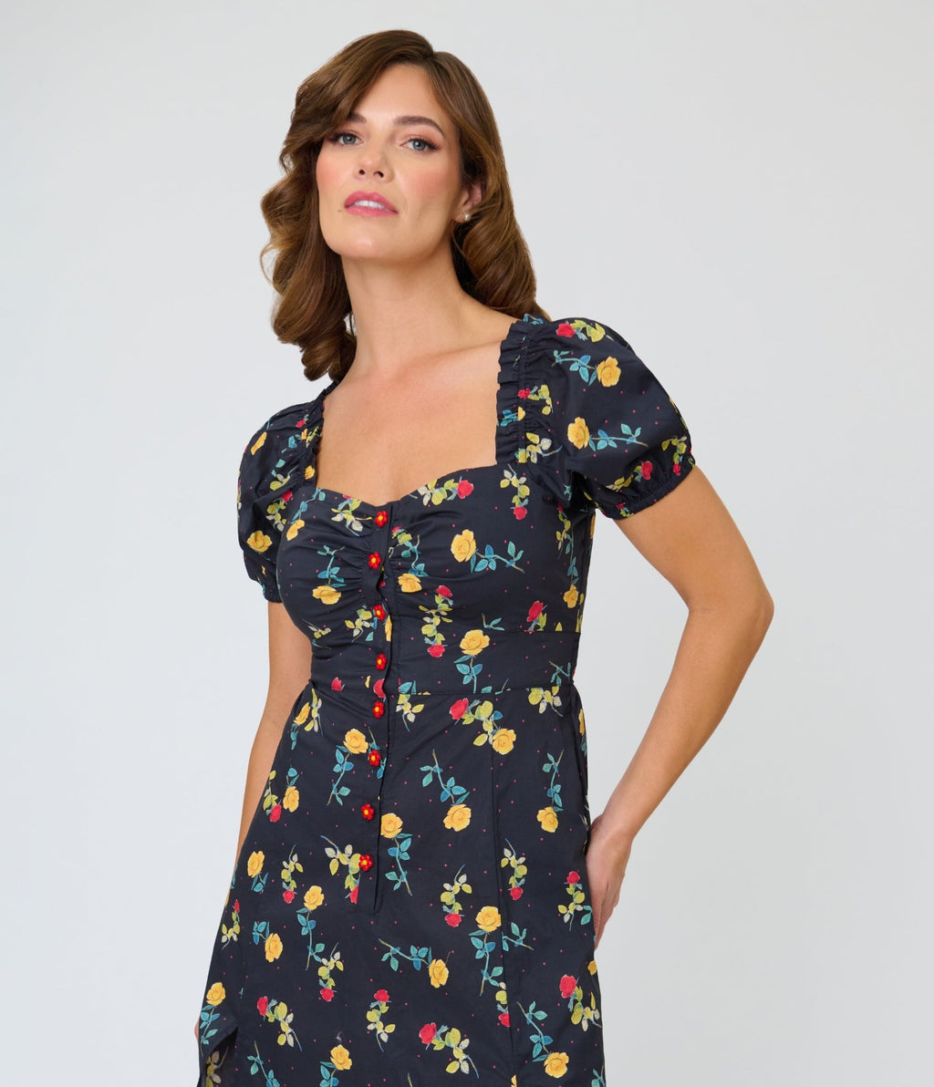 Unique Vintage 1940s Black Floral Midi Dress - Unique Vintage - Womens, DRESSES, MIDI