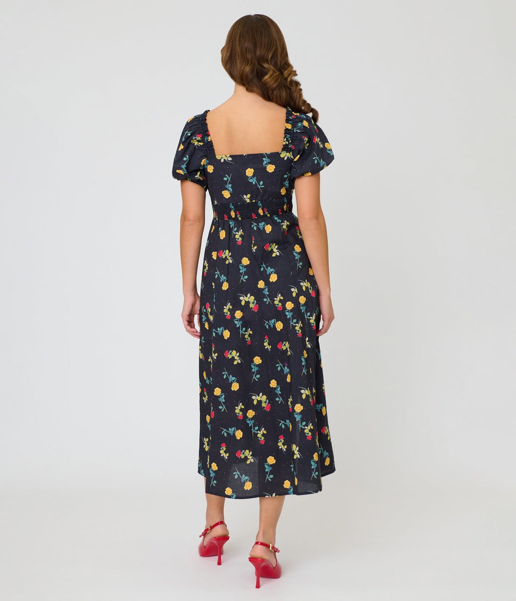 Unique Vintage 1940s Black Floral Midi Dress - Unique Vintage - Womens, DRESSES, MIDI