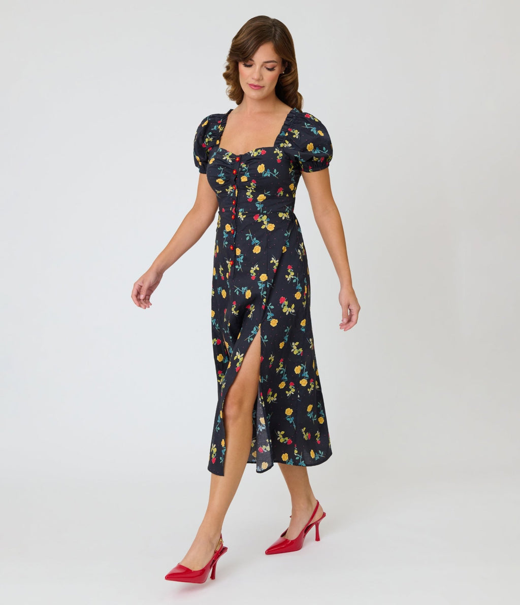 Unique Vintage 1940s Black Floral Midi Dress - Unique Vintage - Womens, DRESSES, MIDI