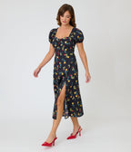 Unique Vintage 1940s Black Floral Midi Dress - Unique Vintage - Womens, DRESSES, MIDI
