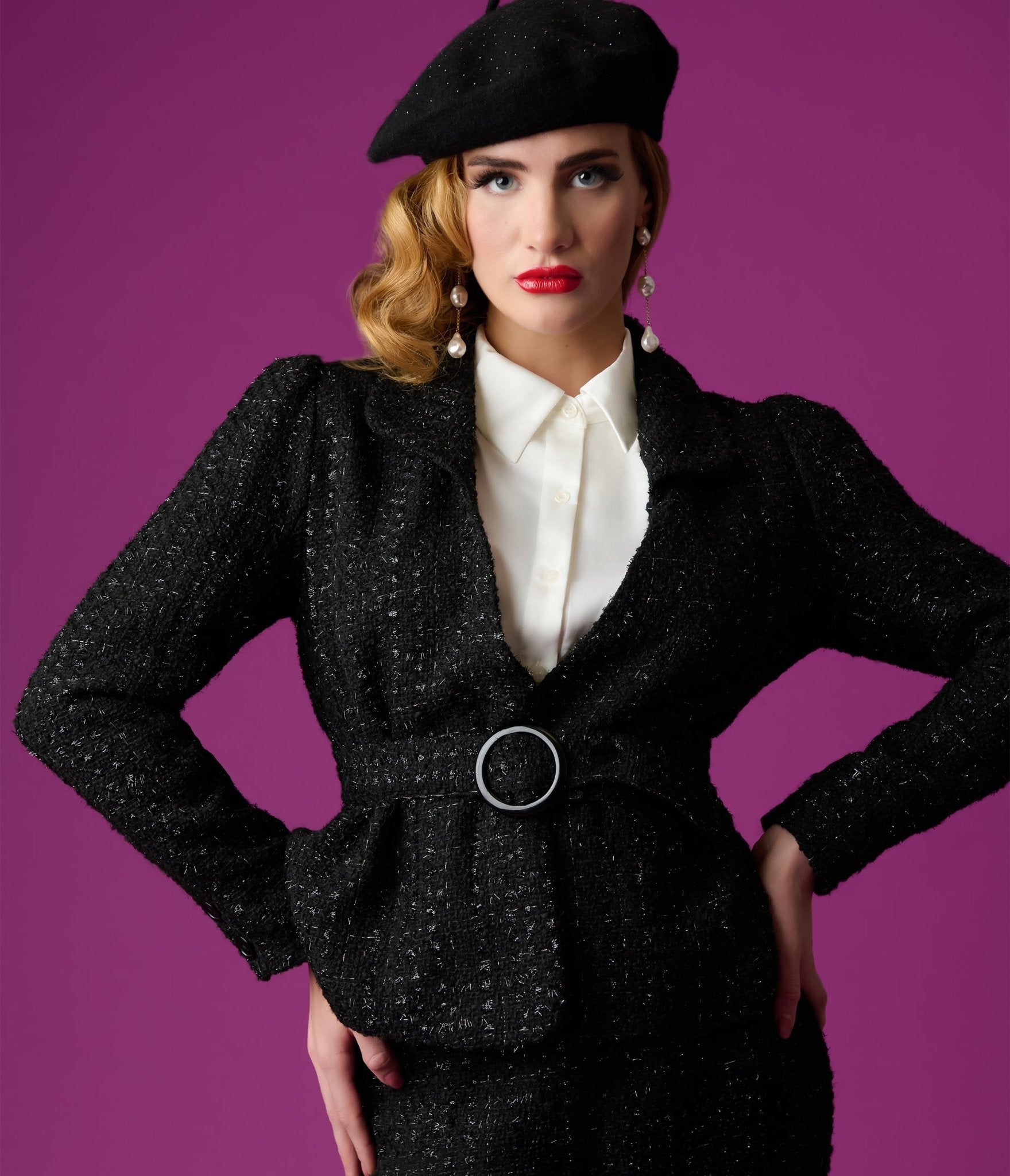 Unique Vintage 1940s Black Lurex Tweed Belted Jacket - Unique Vintage - Womens, TOPS, OUTERWEAR