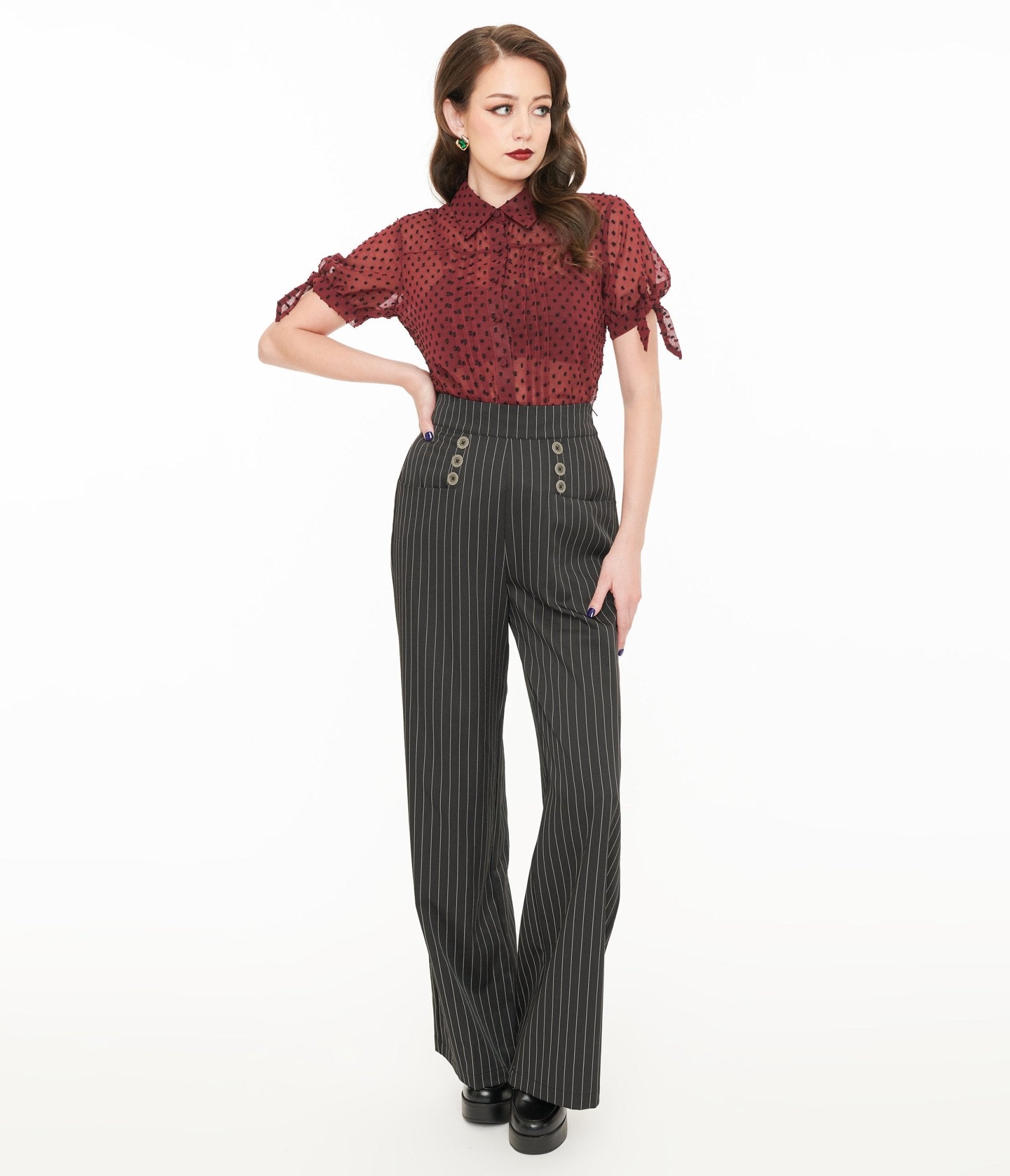 Unique Vintage 1940s Black & White Pin Stripe High Waist Sailor Ginger Pants - Unique Vintage - Womens, BOTTOMS, SKIRTS