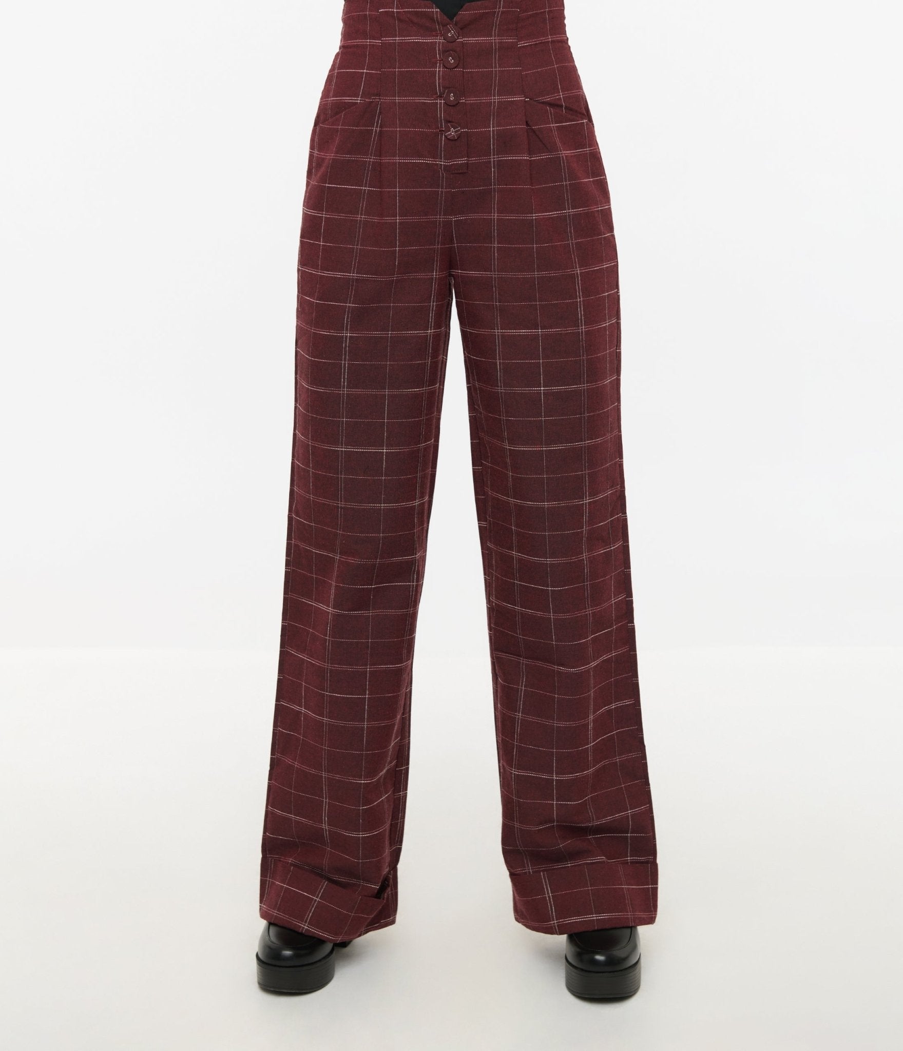 Unique Vintage 1940s Burgundy Windowpane Buttoned Wide Leg Trousers - Unique Vintage - Womens, BOTTOMS, PANTS