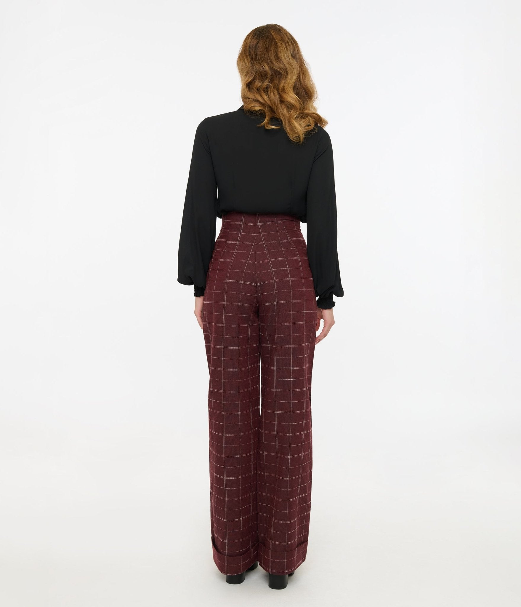 Unique Vintage 1940s Burgundy Windowpane Buttoned Wide Leg Trousers - Unique Vintage - Womens, BOTTOMS, PANTS