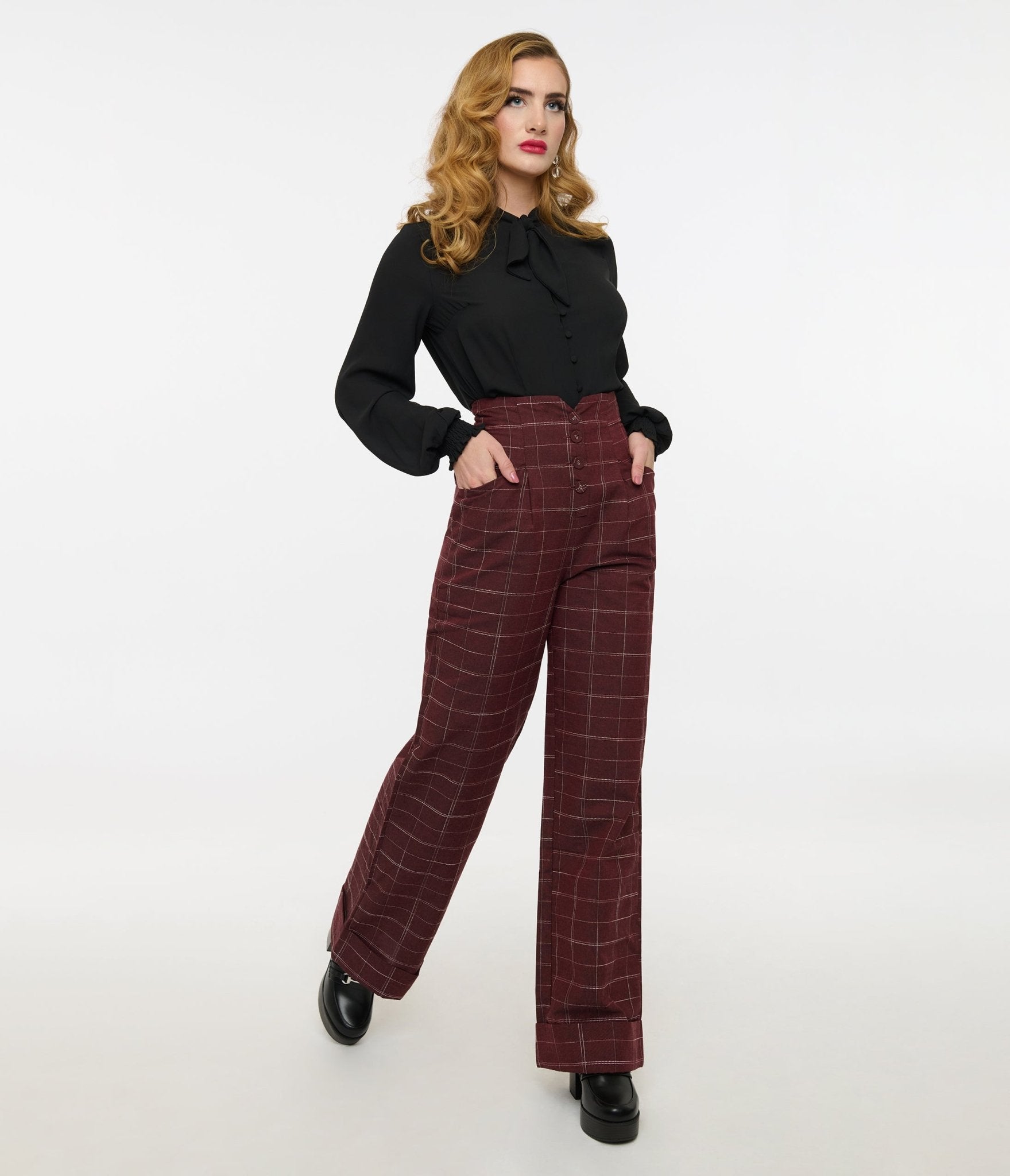 Unique Vintage 1940s Burgundy Windowpane Buttoned Wide Leg Trousers - Unique Vintage - Womens, BOTTOMS, PANTS