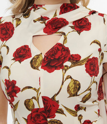 Unique Vintage 1940s Cream & Red Rose Print Sash Swing Dress - Unique Vintage - Womens, DRESSES, SWING