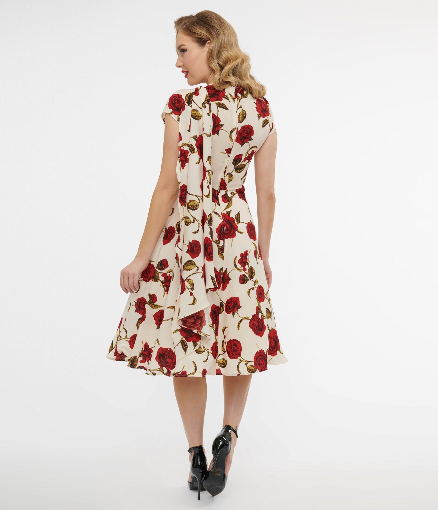 Unique Vintage 1940s Cream & Red Rose Print Sash Swing Dress - Unique Vintage - Womens, DRESSES, SWING