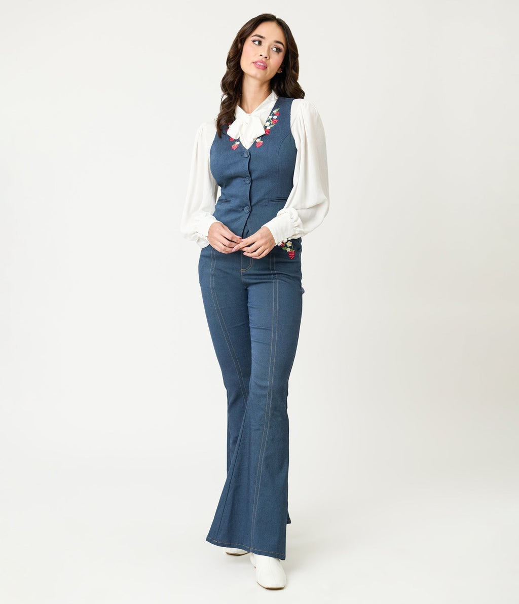 Unique Vintage 1940s Denim Embroidered Button Up Vest - Unique Vintage - Womens, TOPS, SWEATERS AND VESTS