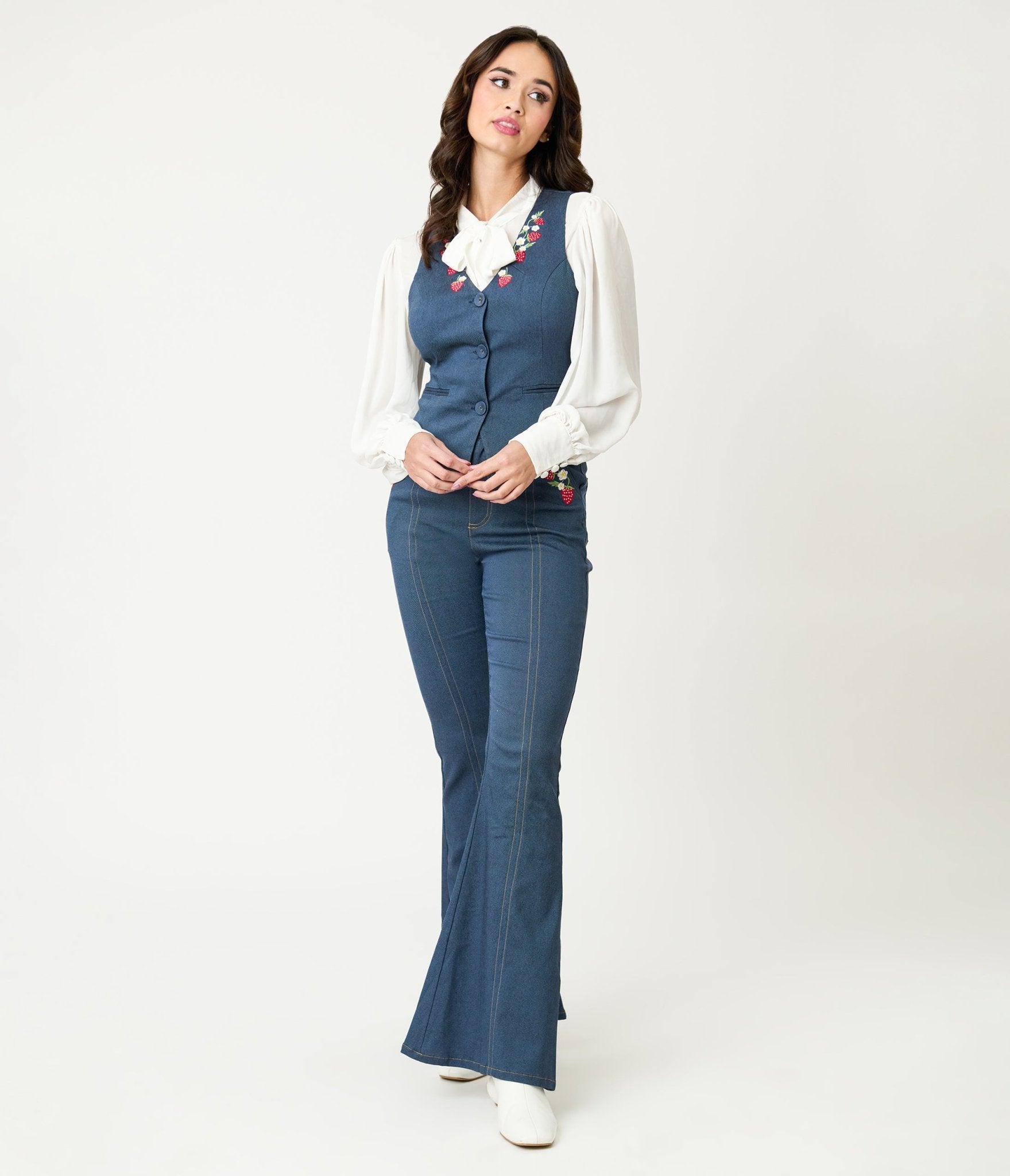 Unique Vintage 1940s Denim Embroidered Button Up Vest - Unique Vintage - Womens, TOPS, SWEATERS AND VESTS