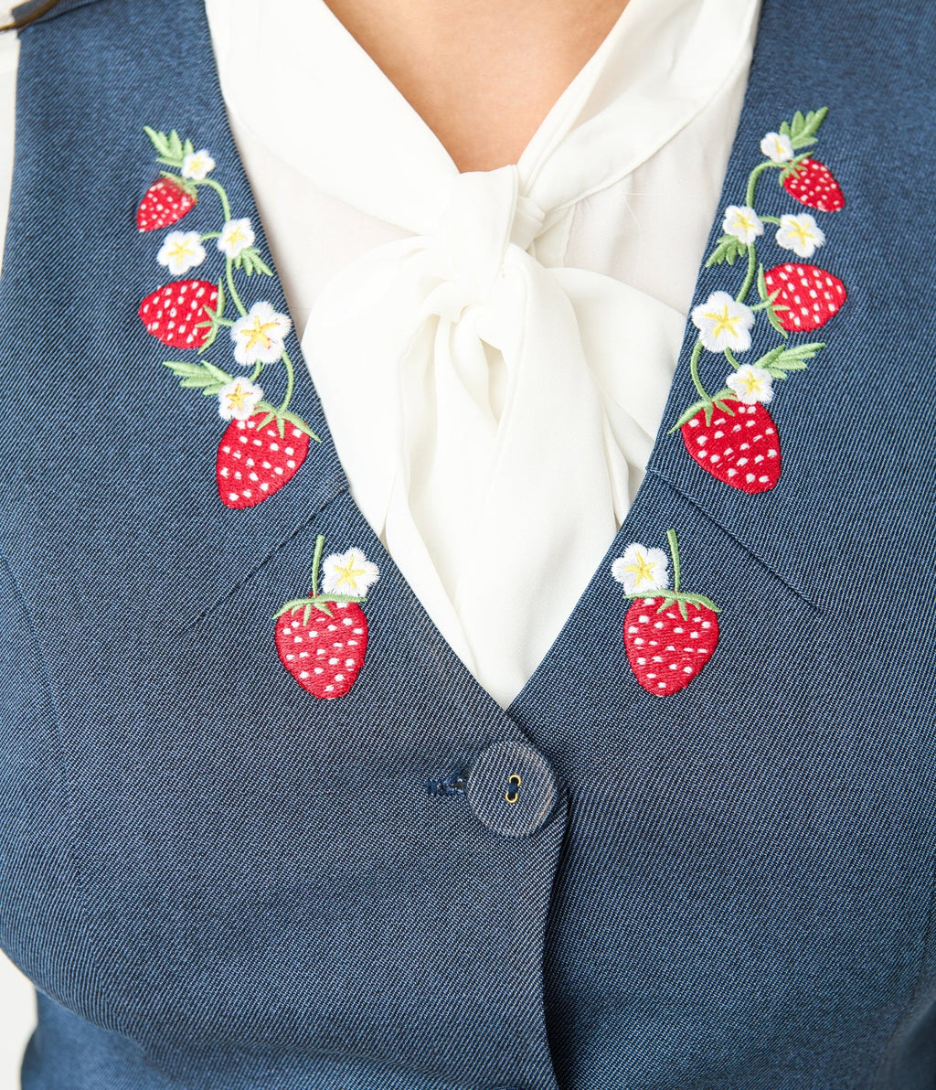 Unique Vintage 1940s Denim Embroidered Button Up Vest - Unique Vintage - Womens, TOPS, SWEATERS AND VESTS
