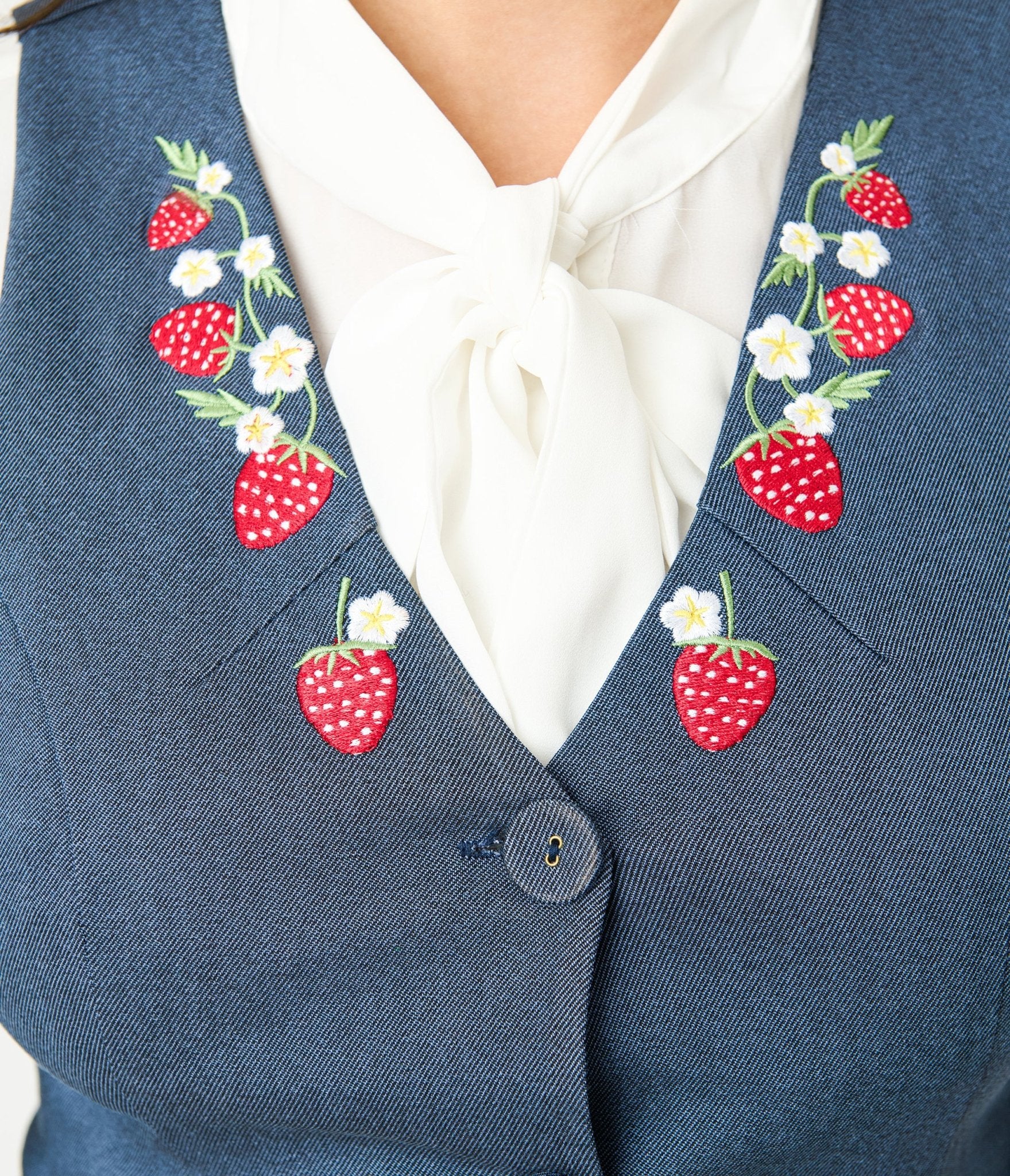 Unique Vintage 1940s Denim Embroidered Button Up Vest - Unique Vintage - Womens, TOPS, SWEATERS AND VESTS