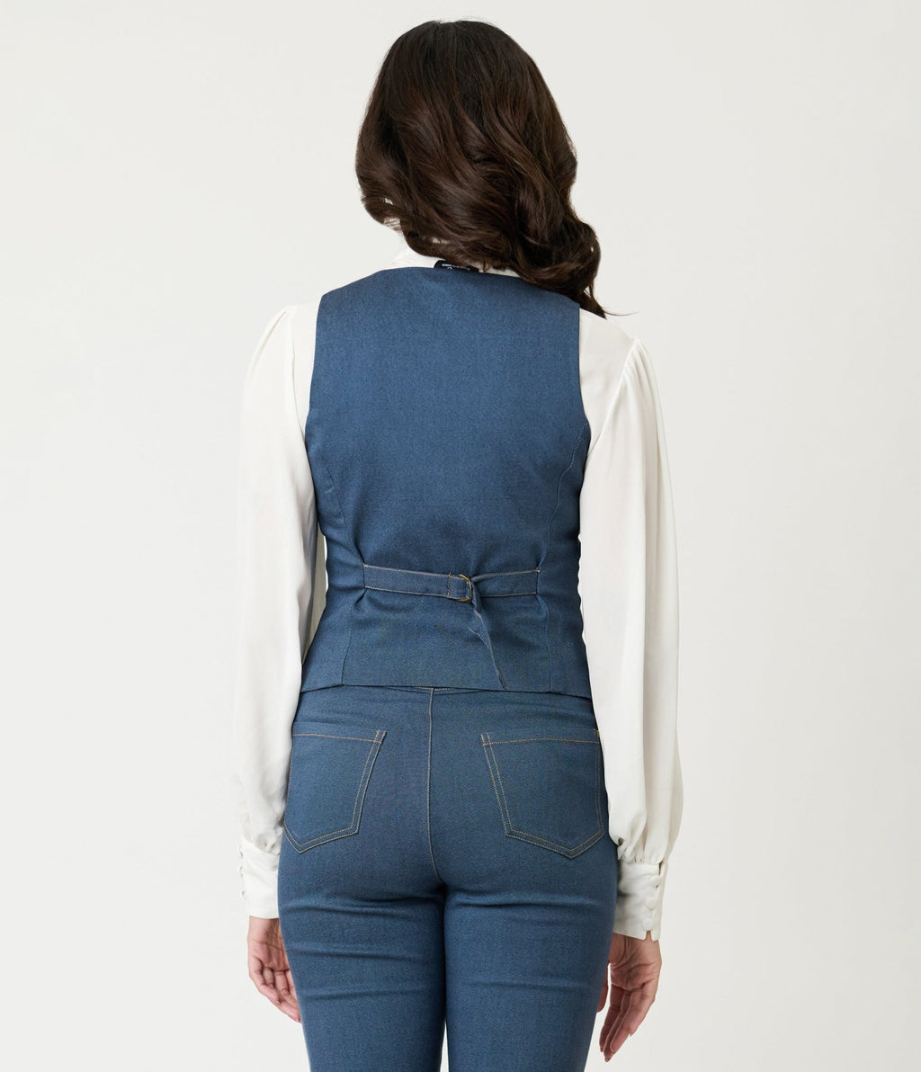Unique Vintage 1940s Denim Embroidered Button Up Vest - Unique Vintage - Womens, TOPS, SWEATERS AND VESTS