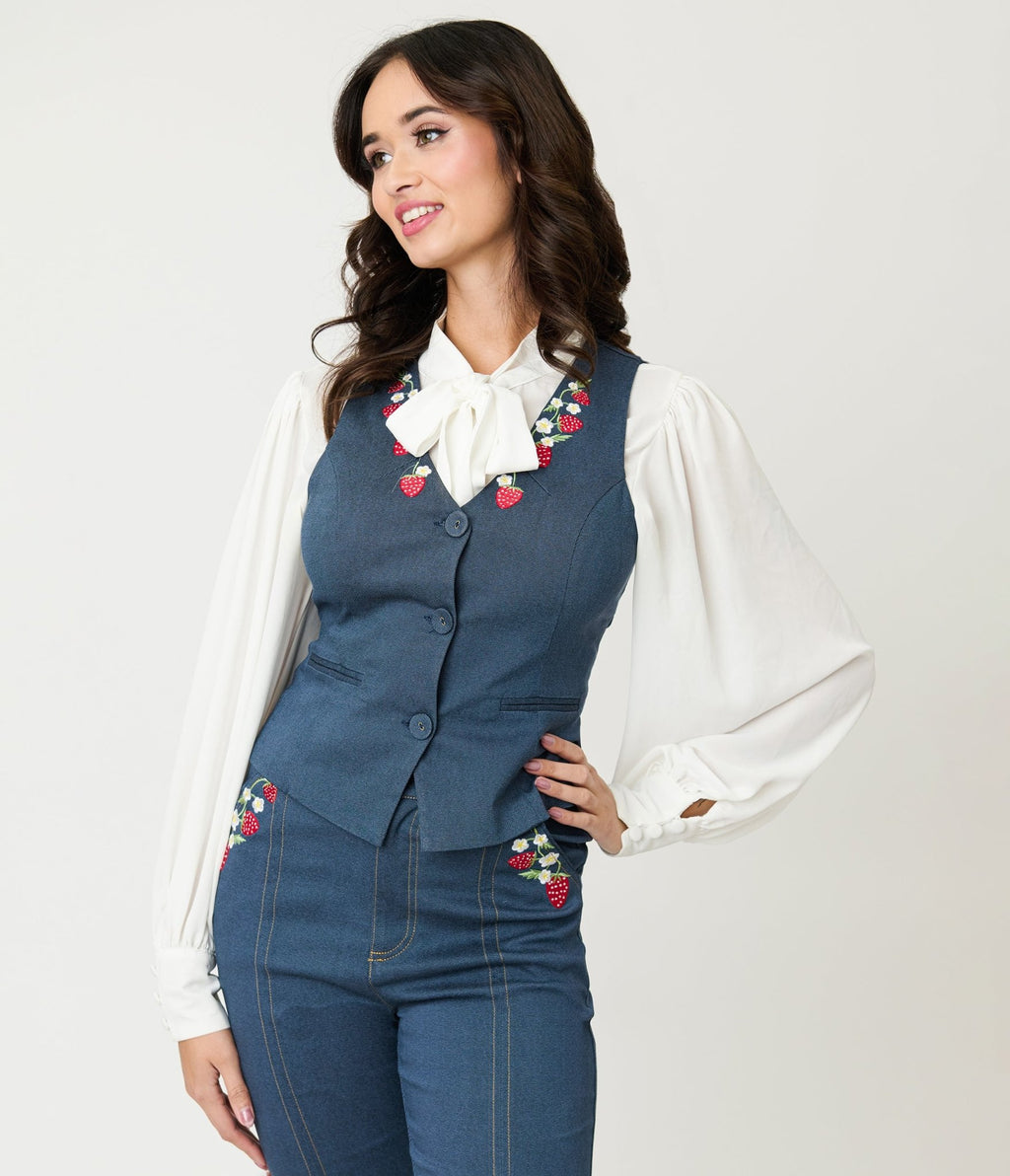 Unique Vintage 1940s Denim Embroidered Button Up Vest - Unique Vintage - Womens, TOPS, SWEATERS AND VESTS