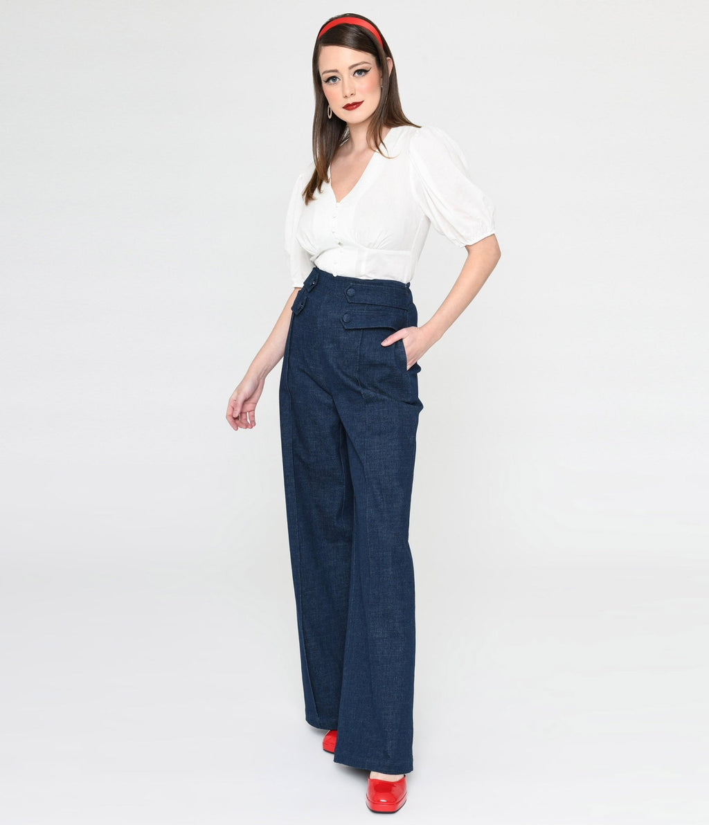 Unique Vintage 1940s Denim High Waist Wide Leg Tab Pants - Unique Vintage - Womens, BOTTOMS, PANTS