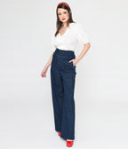 Unique Vintage 1940s Denim High Waist Wide Leg Tab Pants - Unique Vintage - Womens, BOTTOMS, PANTS