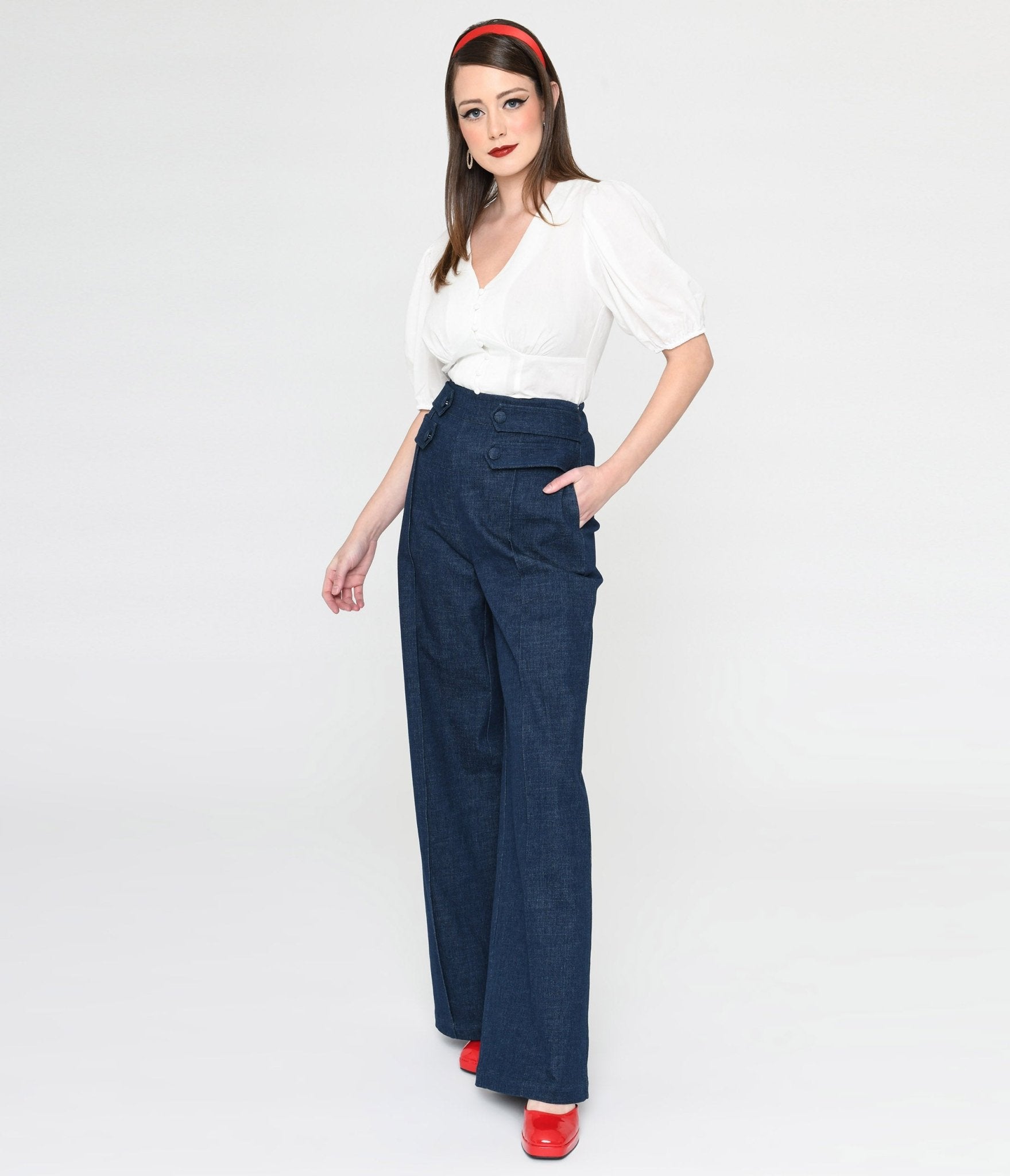 Unique Vintage 1940s Denim High Waist Wide Leg Tab Pants - Unique Vintage - Womens, BOTTOMS, PANTS
