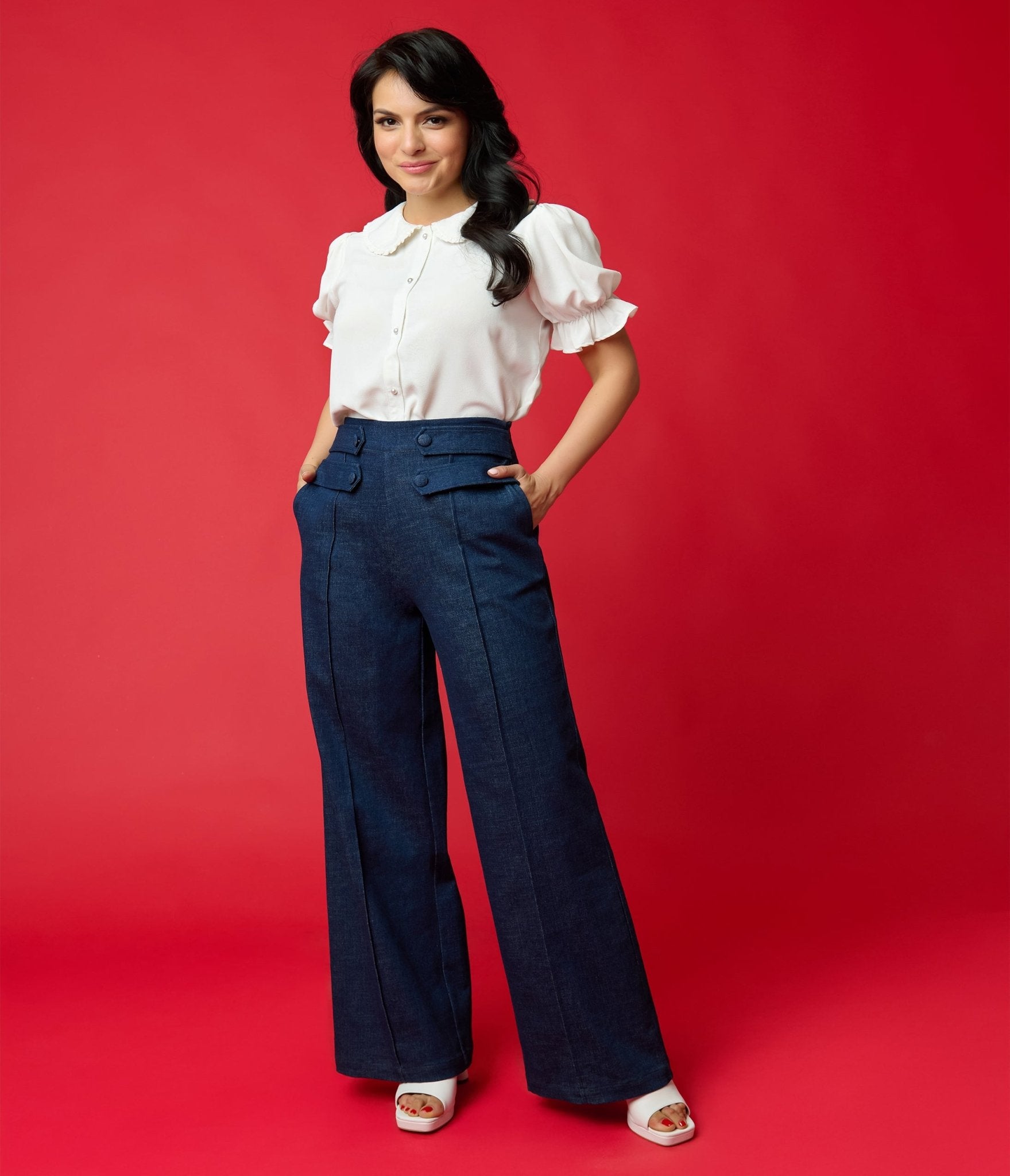 Unique Vintage 1940s Denim High Waist Wide Leg Tab Pants - Unique Vintage - Womens, BOTTOMS, PANTS