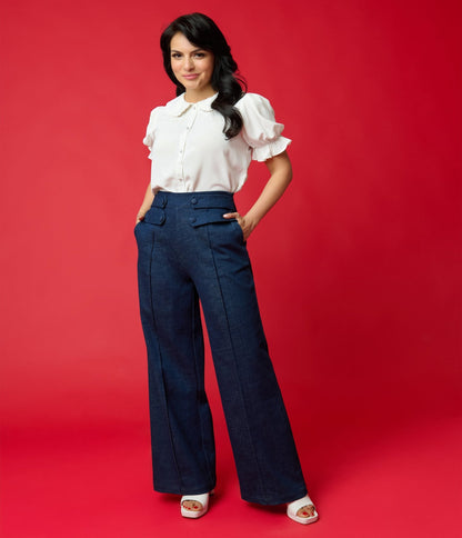 Unique Vintage 1940s Denim High Waist Wide Leg Tab Pants - Unique Vintage - Womens, BOTTOMS, PANTS
