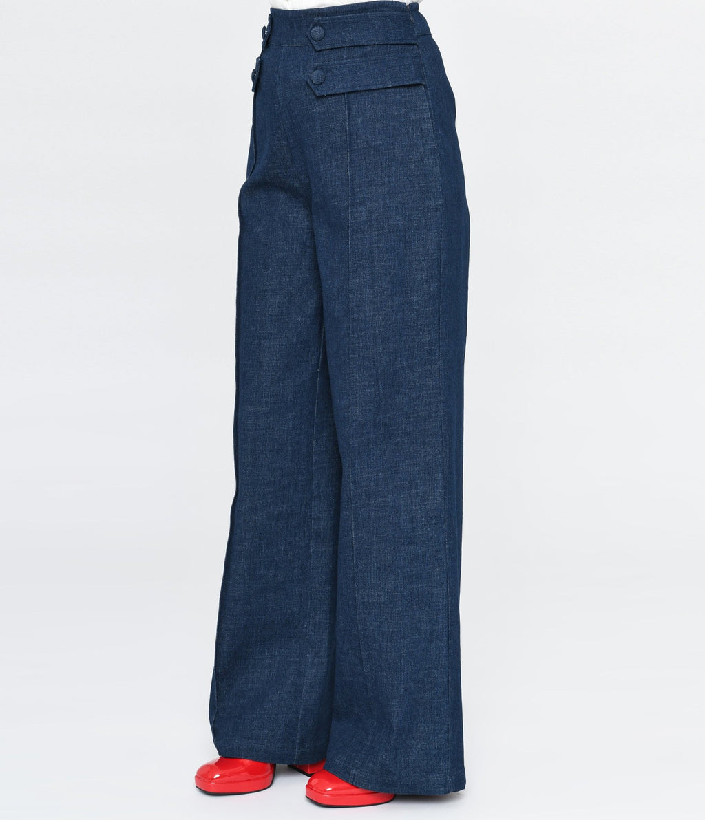 Unique Vintage 1940s Denim High Waist Wide Leg Tab Pants - Unique Vintage - Womens, BOTTOMS, PANTS