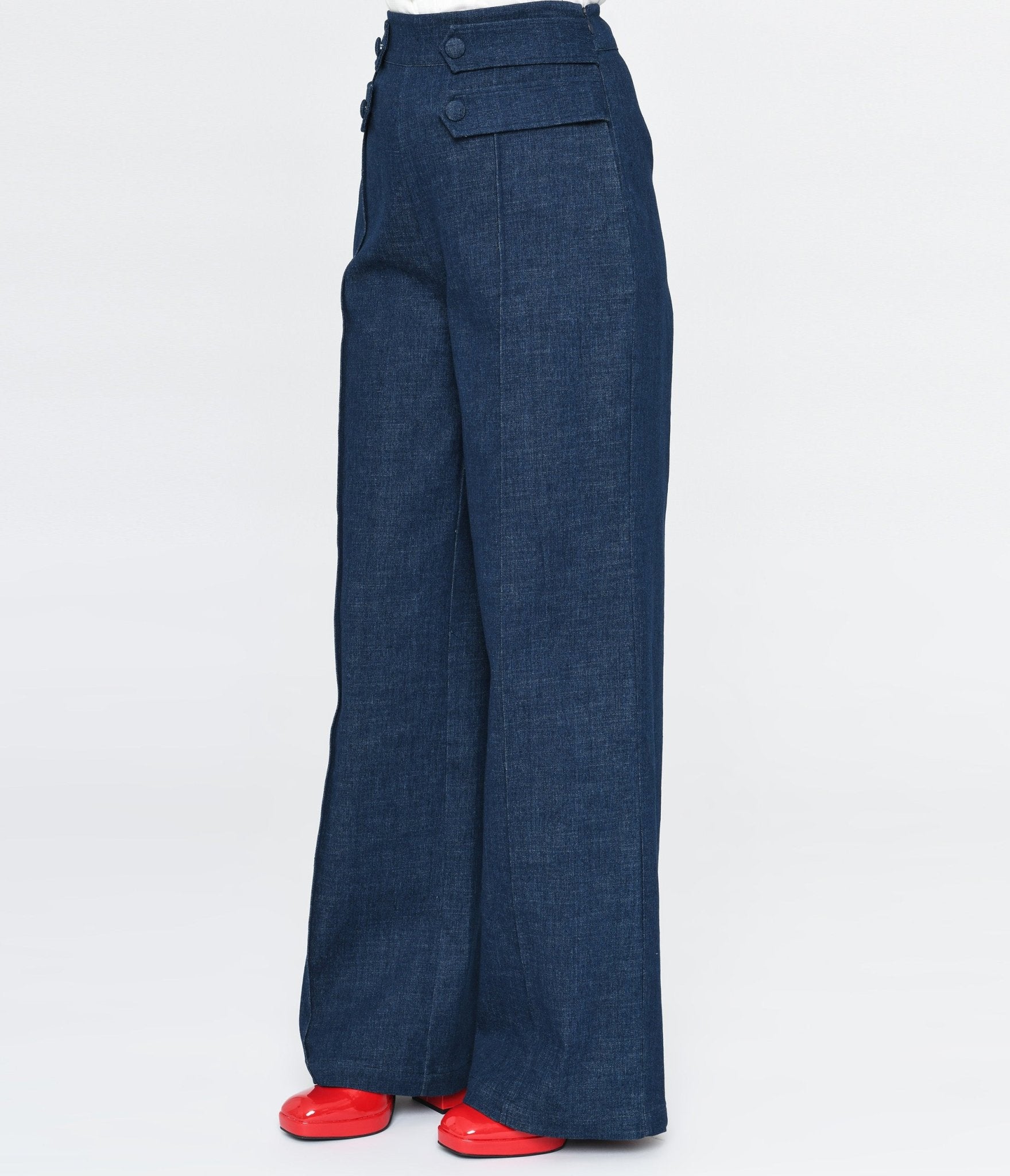 Unique Vintage 1940s Denim High Waist Wide Leg Tab Pants - Unique Vintage - Womens, BOTTOMS, PANTS