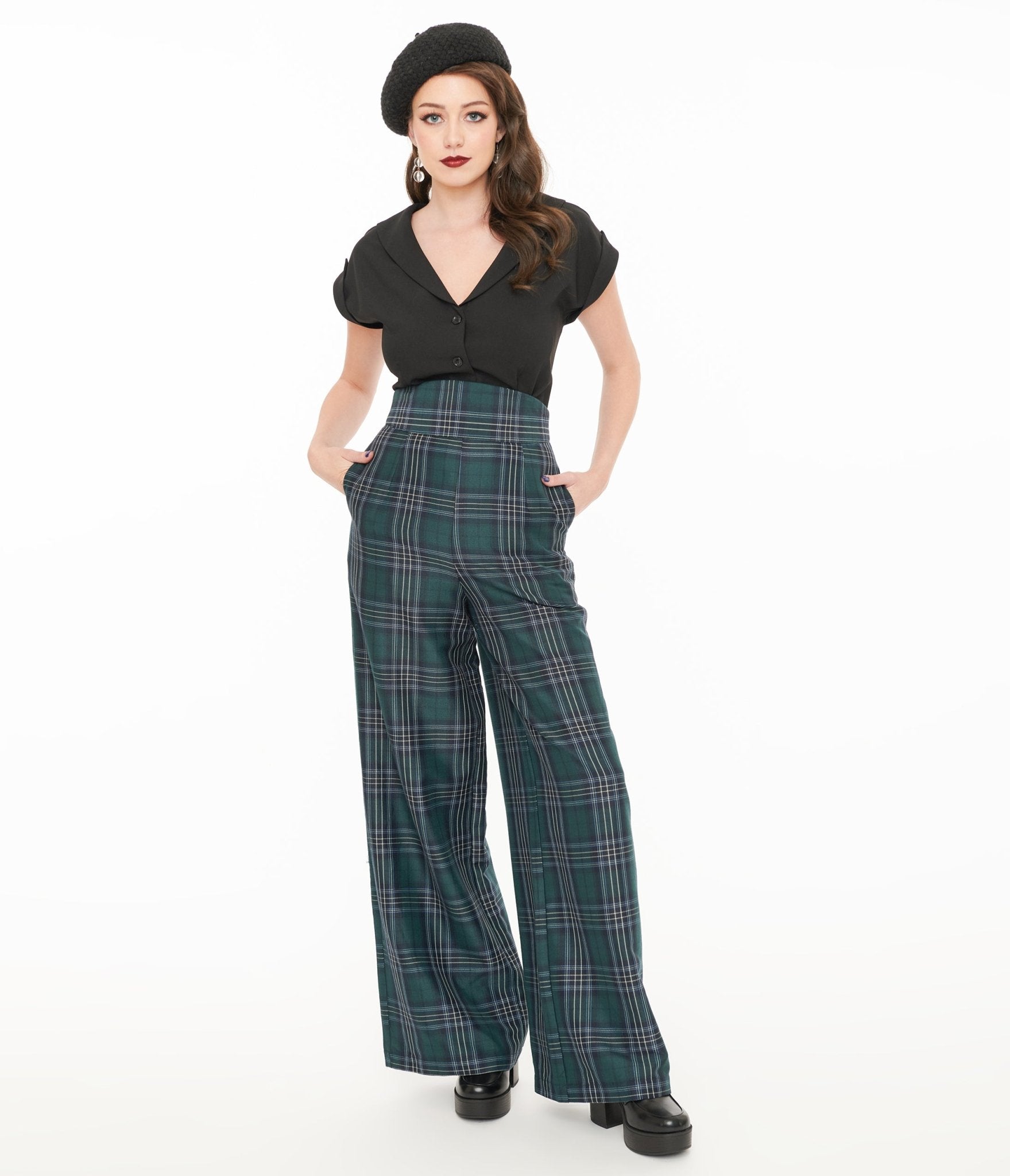Unique Vintage 1940s Green & Black Plaid High Waist Pants - Unique Vintage - Womens, BOTTOMS, PANTS