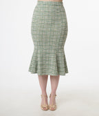 Unique Vintage 1940s Green Plaid Boucle Trumpet Skirt - Unique Vintage - Womens, BOTTOMS, SKIRTS