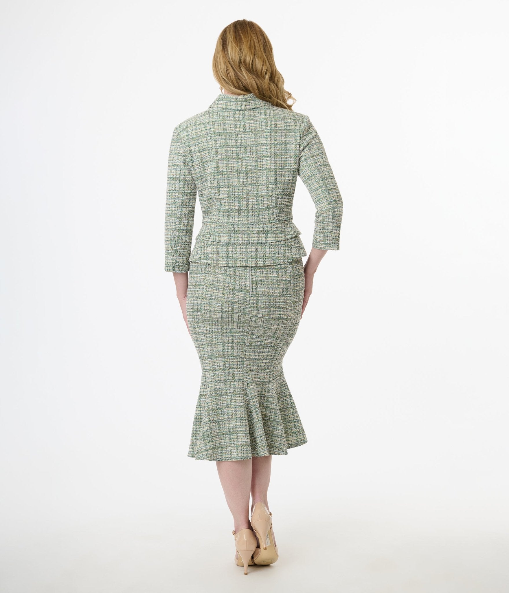 Unique Vintage 1940s Green Plaid Boucle Trumpet Skirt - Unique Vintage - Womens, BOTTOMS, SKIRTS