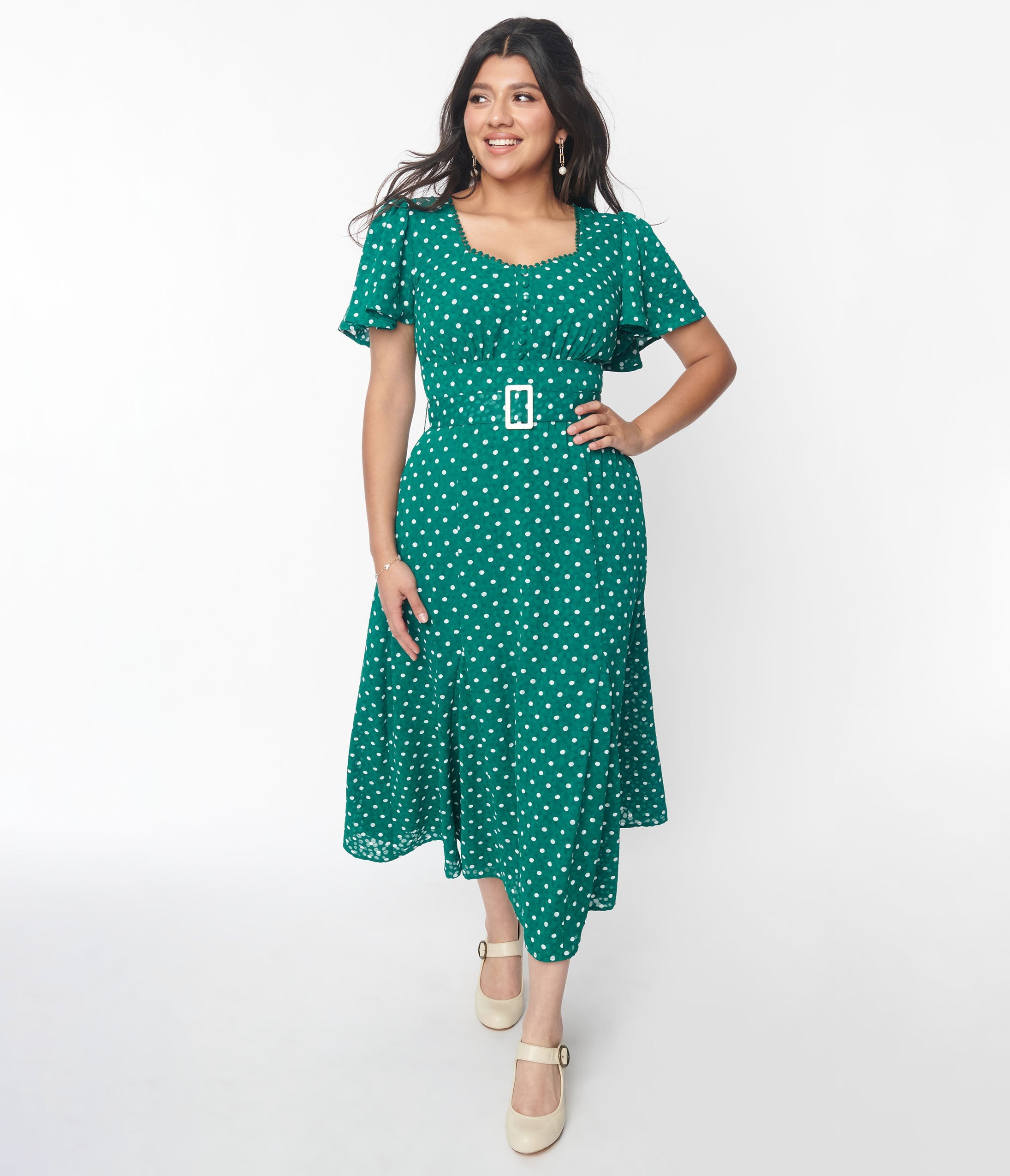 Unique Vintage 1940s Green \u0026 White Polka Dot Godet Midi Dress