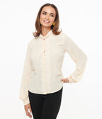 Unique Vintage 1940s Ivory Neck Tie Blouse - Unique Vintage - Womens, TOPS, WOVEN TOPS