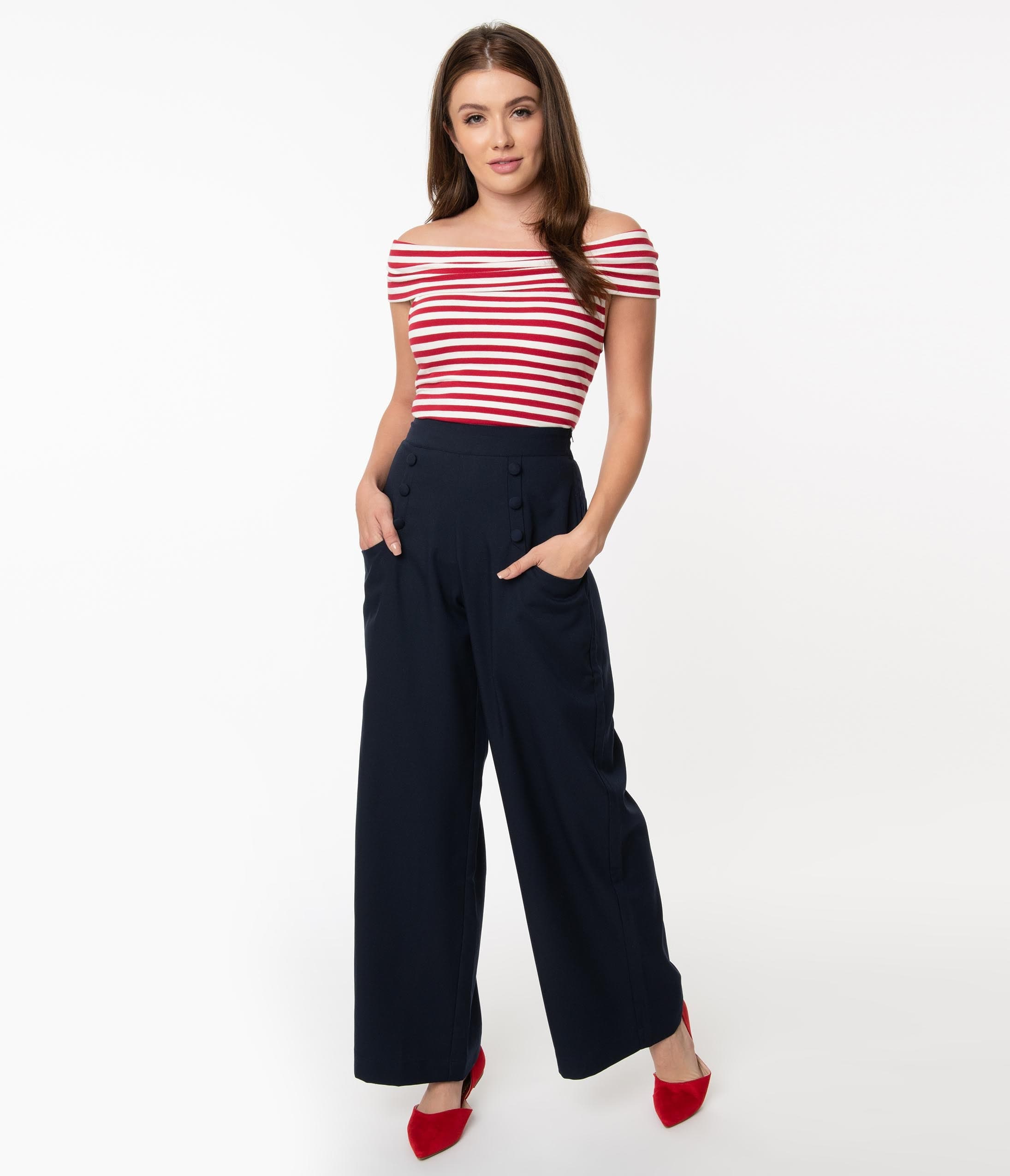 Unique Vintage 1940s Navy Blue High Waist Sailor Ginger Pants - Unique Vintage - Womens, BOTTOMS, PANTS