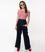 Unique Vintage 1940s Navy Blue High Waist Sailor Ginger Pants - Unique Vintage - Womens, BOTTOMS, PANTS