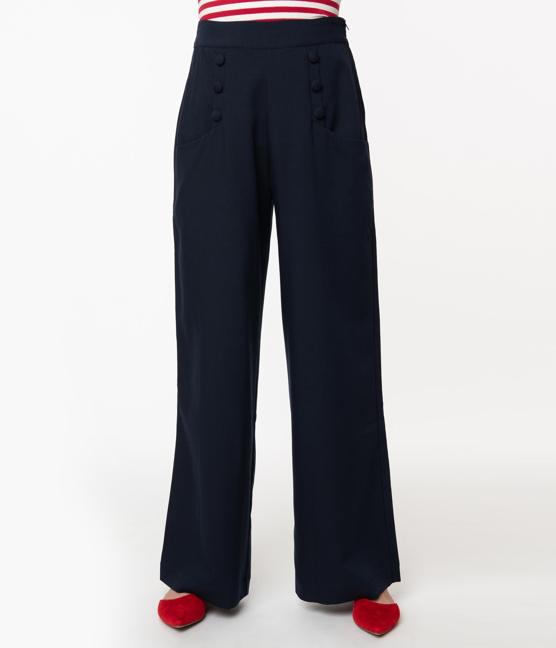 Unique Vintage 1940s Navy Blue High Waist Sailor Ginger Pants - Unique Vintage - Womens, BOTTOMS, PANTS