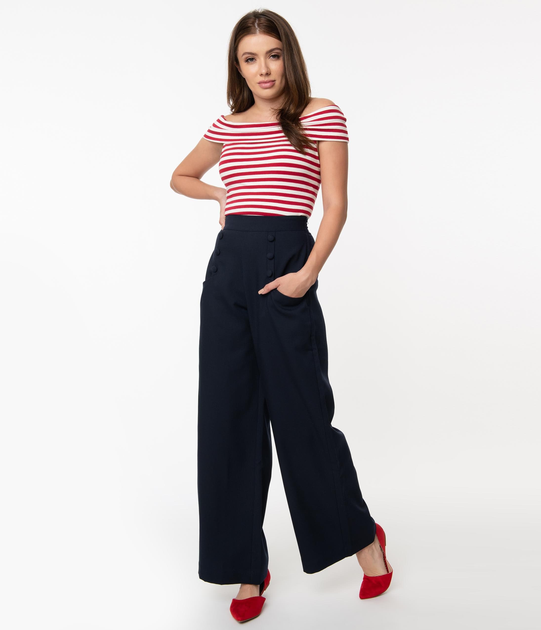 Unique Vintage 1940s Navy Blue High Waist Sailor Ginger Pants