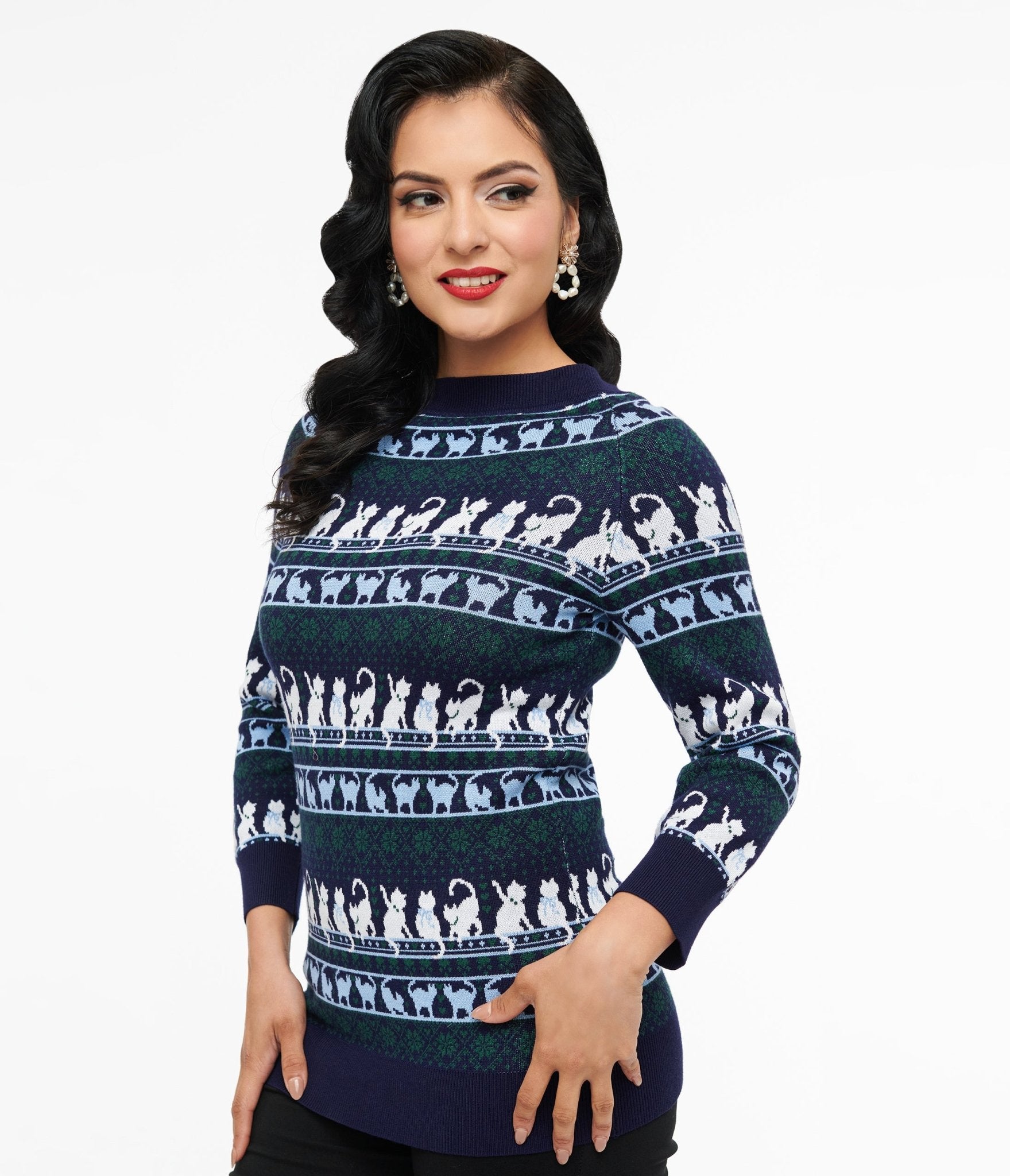 Unique Vintage 1940s Navy & White Cat Pattern Lorelai Sweater - Unique Vintage - Womens, TOPS, SWEATERS