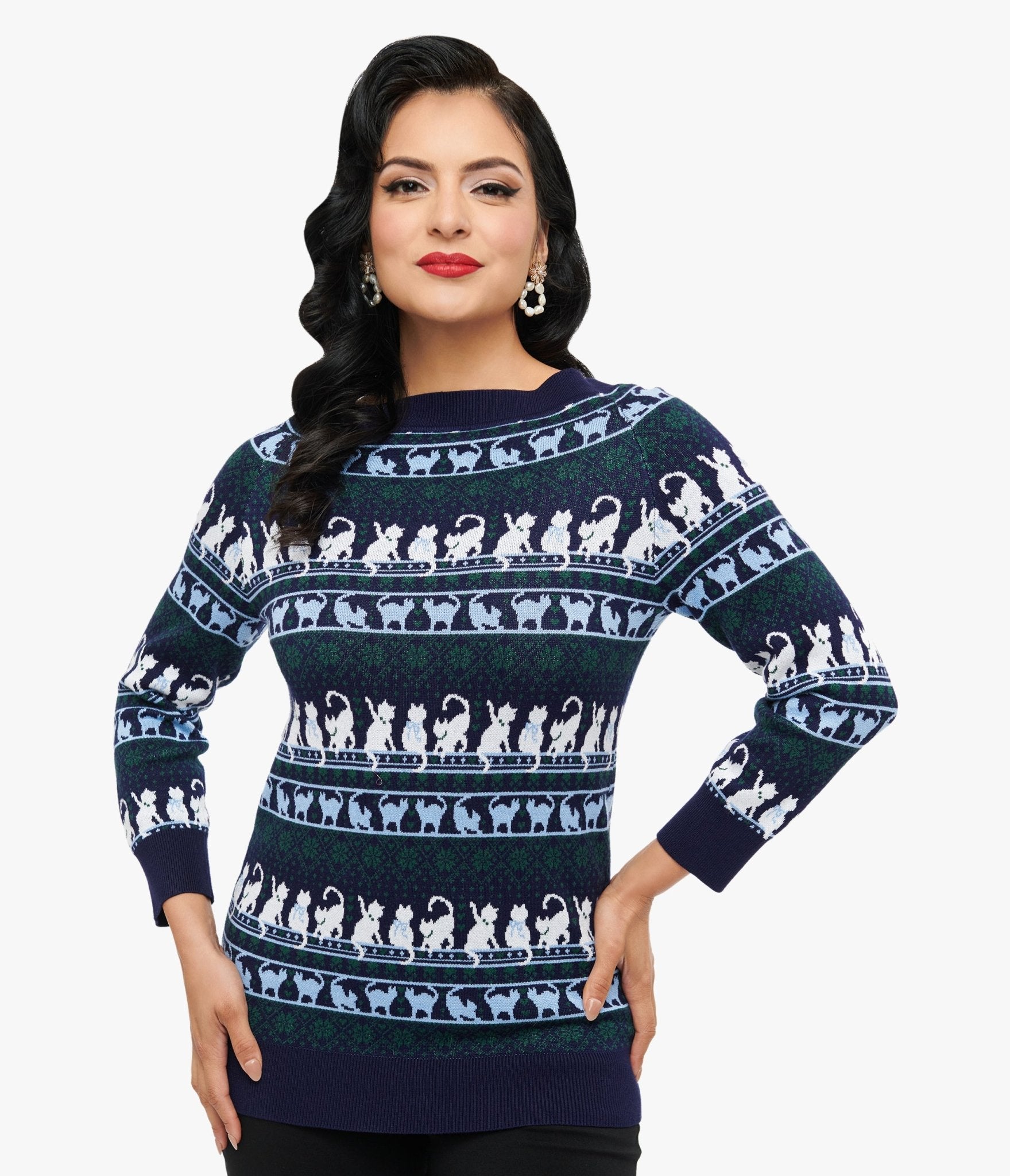 Unique Vintage 1940s Navy & White Cat Pattern Lorelai Sweater - Unique Vintage - Womens, TOPS, SWEATERS