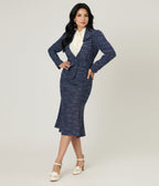Unique Vintage 1940s Navy & White Tweed Belted Jacket - Unique Vintage - Womens, TOPS, OUTERWEAR