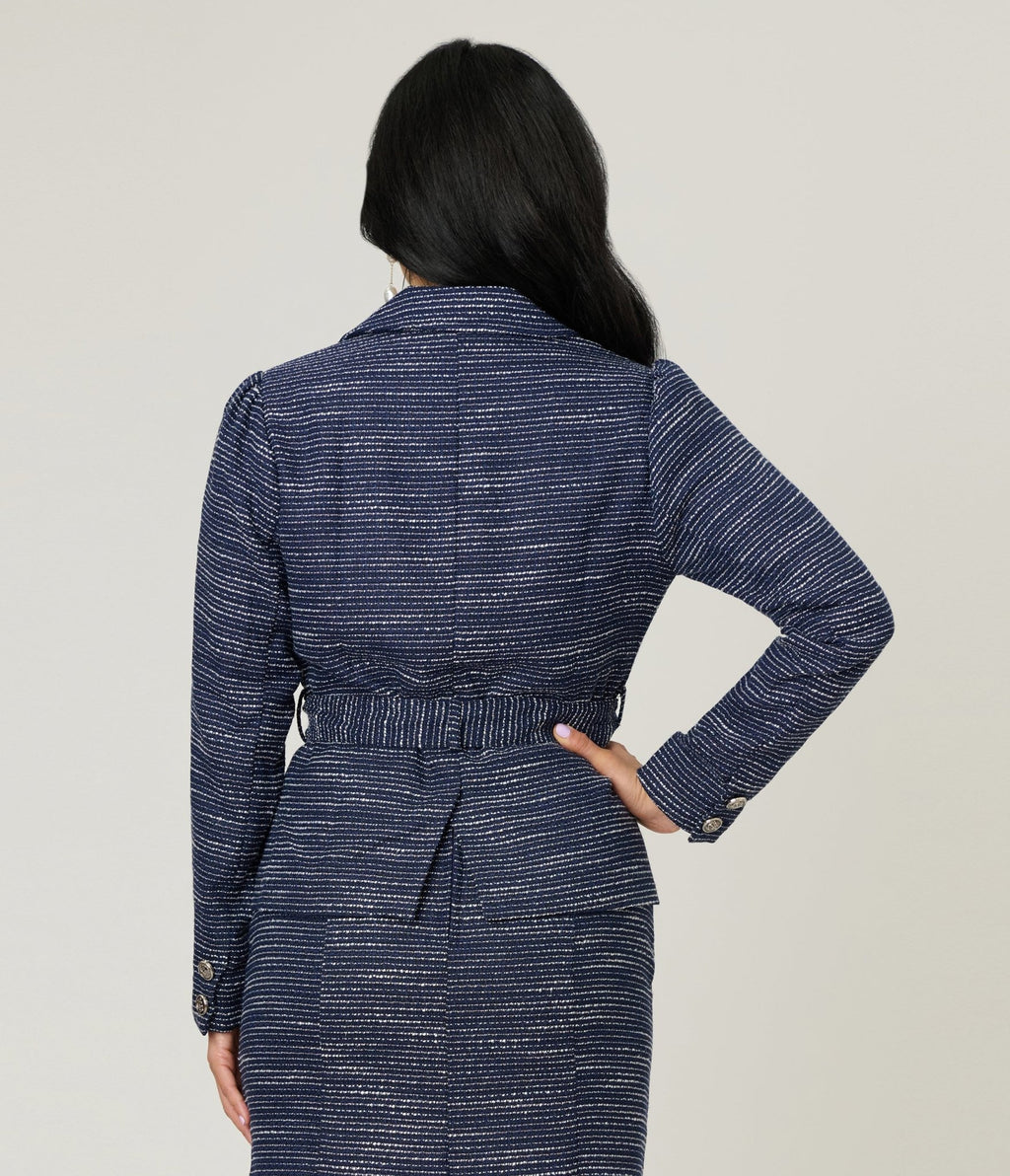 Unique Vintage 1940s Navy & White Tweed Belted Jacket - Unique Vintage - Womens, TOPS, OUTERWEAR