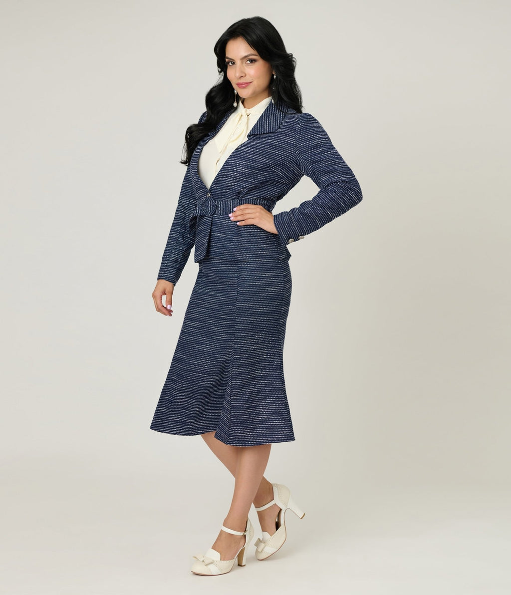 Unique Vintage 1940s Navy & White Tweed Tina Trumpet Skirt - Unique Vintage - Womens, BOTTOMS, SKIRTS